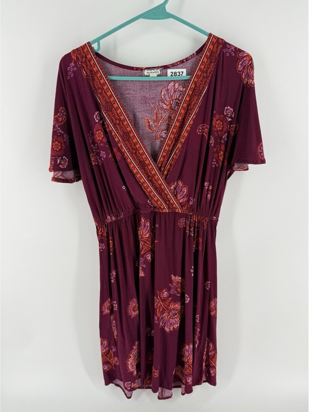 Eyeshadow Boho Floral Mini Sundress Faux Wrap Burgundy Hippie Women's Medium
